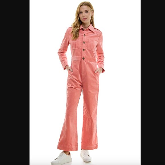 Saint Geraldine Marrs Pink Long Sleeve Velvet Corduroy Coveralls Jumpsuit S - Picture 1 of 6